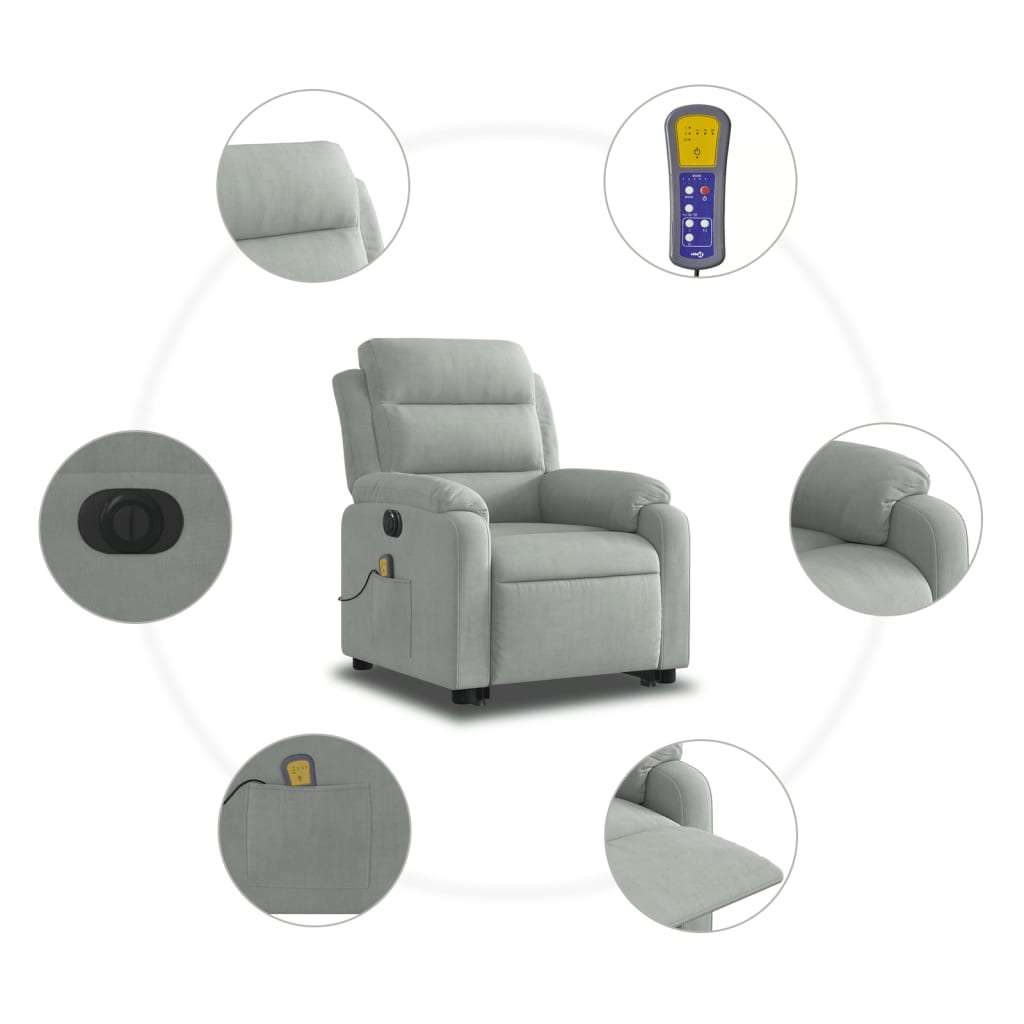 Fauteuil de massage avec aide électrique au verticalisation, velours gris clair