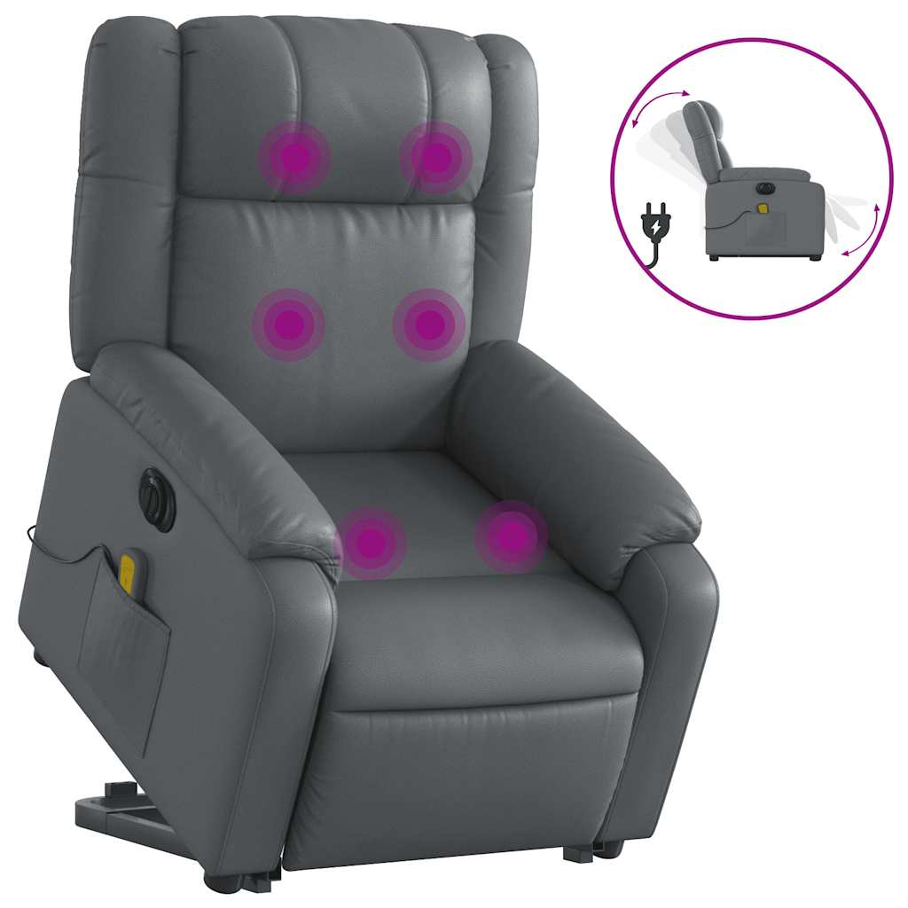 Massage chair with electric stand-up aid, grey, artificial leather