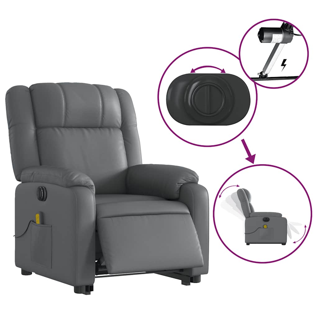Massage chair with electric stand-up aid, grey, artificial leather