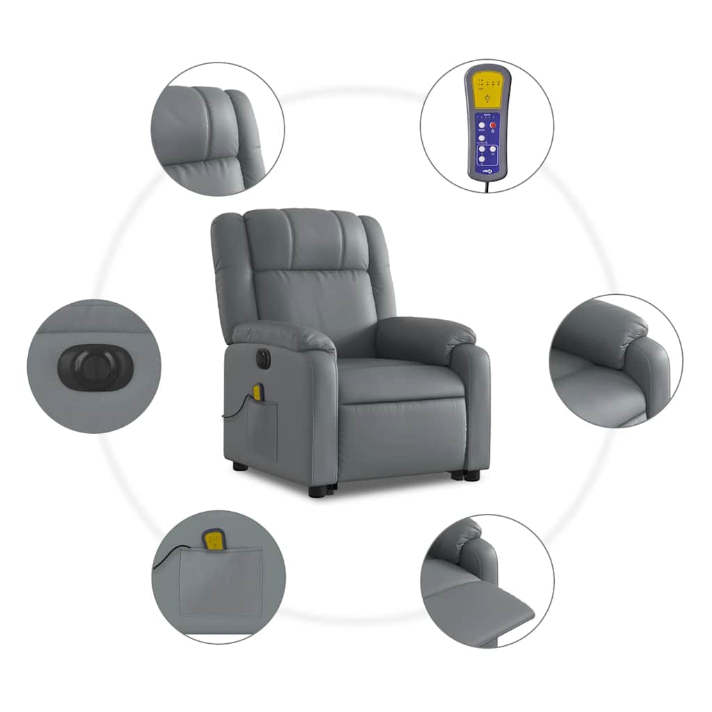Massage chair with electric stand-up aid, grey, artificial leather