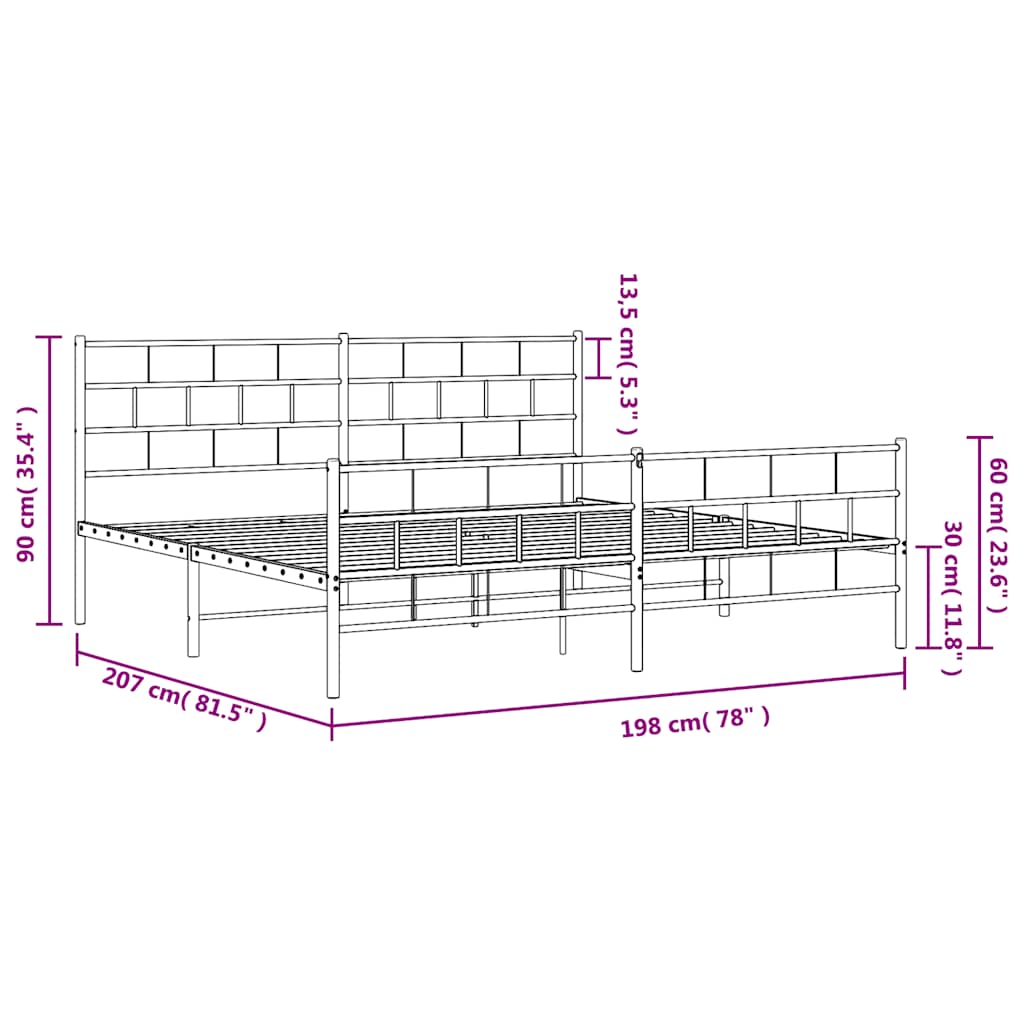 Cadre de lit avec tête et pied de lit métal noir 193x203 cm