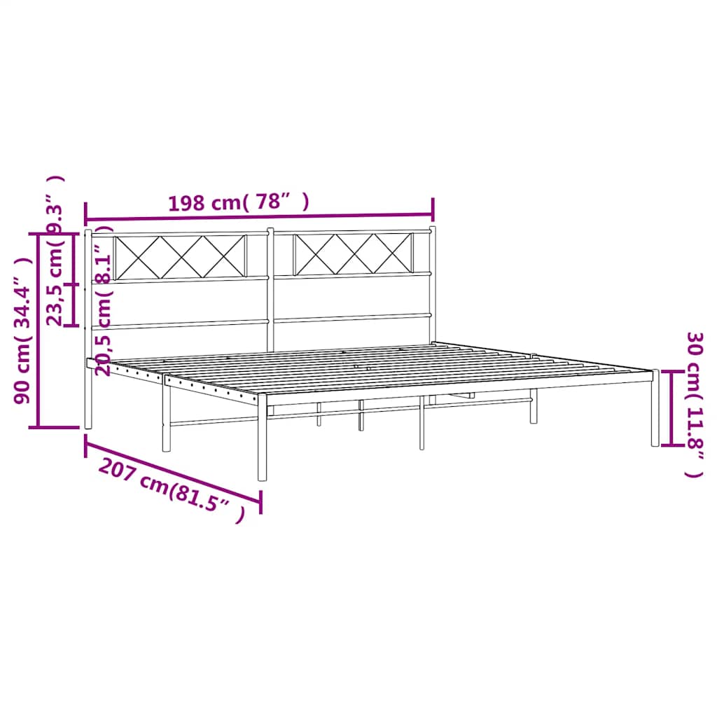 Bed frame with headboard metal black 193x203 cm
