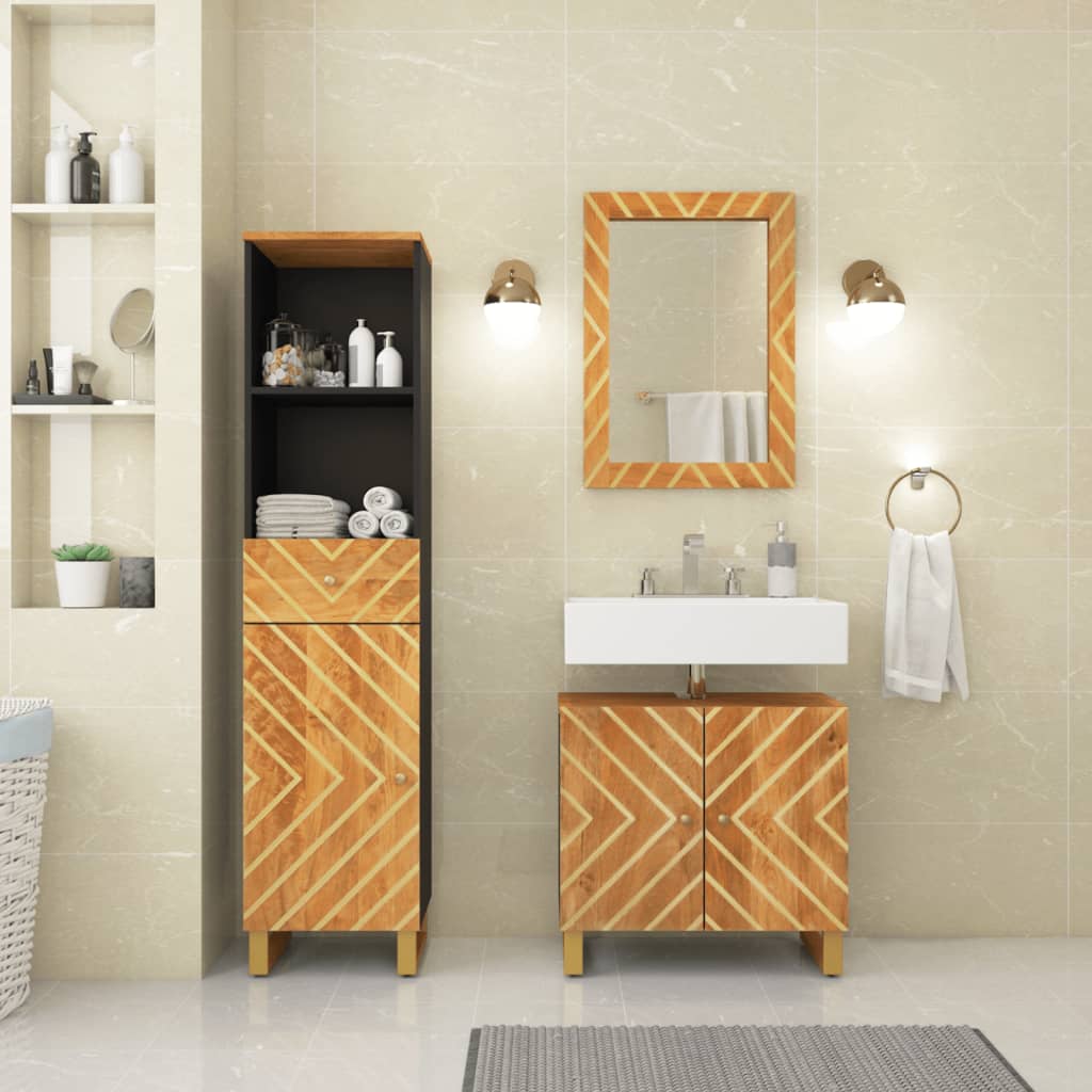 3-tlg. Badschrank-Set Braun und Schwarz Massivholz Mango