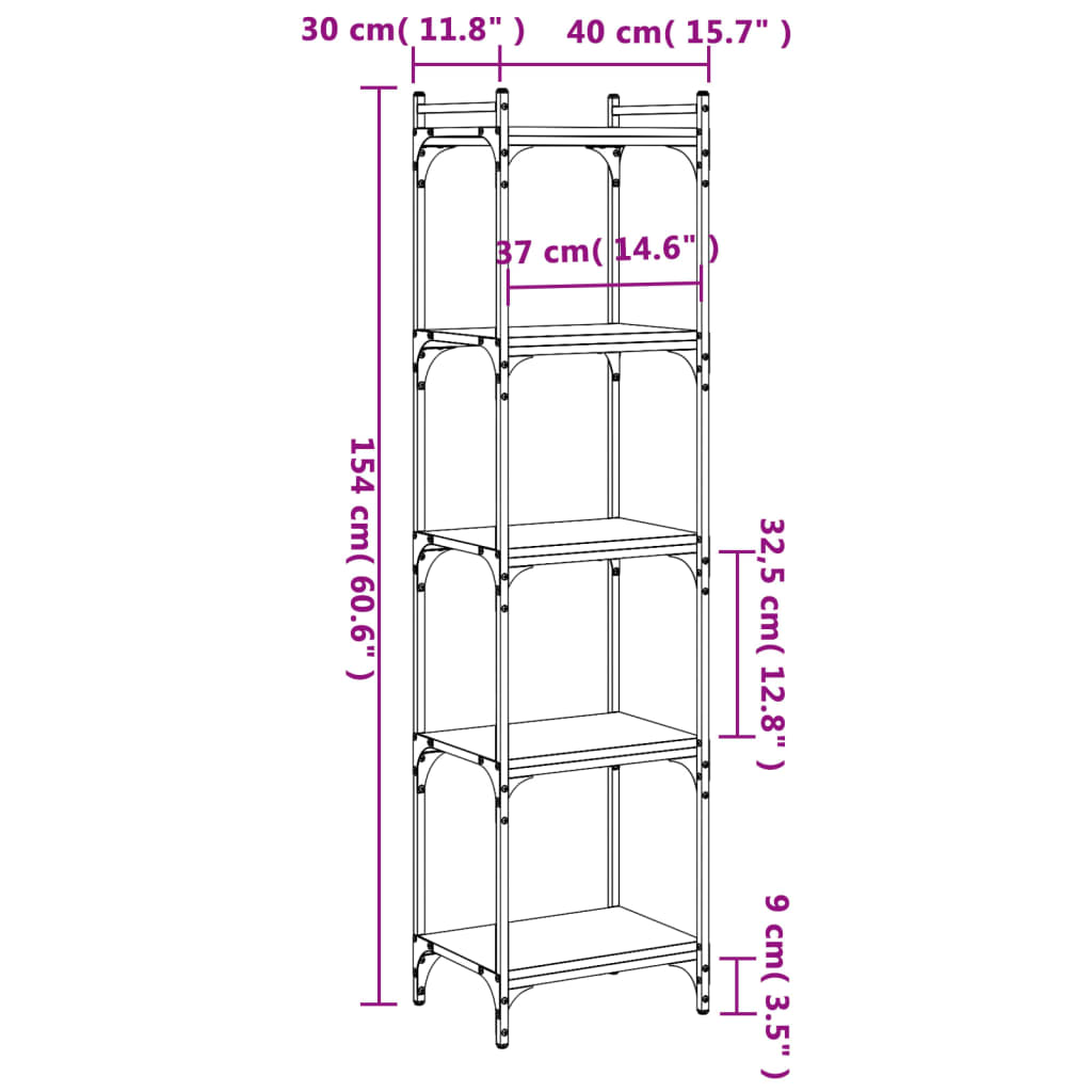Bookcase 5 Shelves Brown Oak Look 40x30x154cm Wood Material