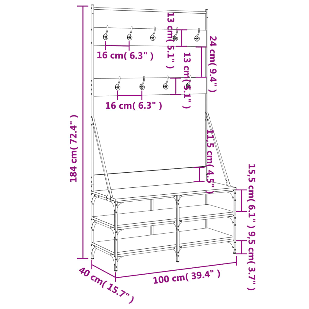 Clothes rack with shoe rack smoked oak 100x40x184 cm