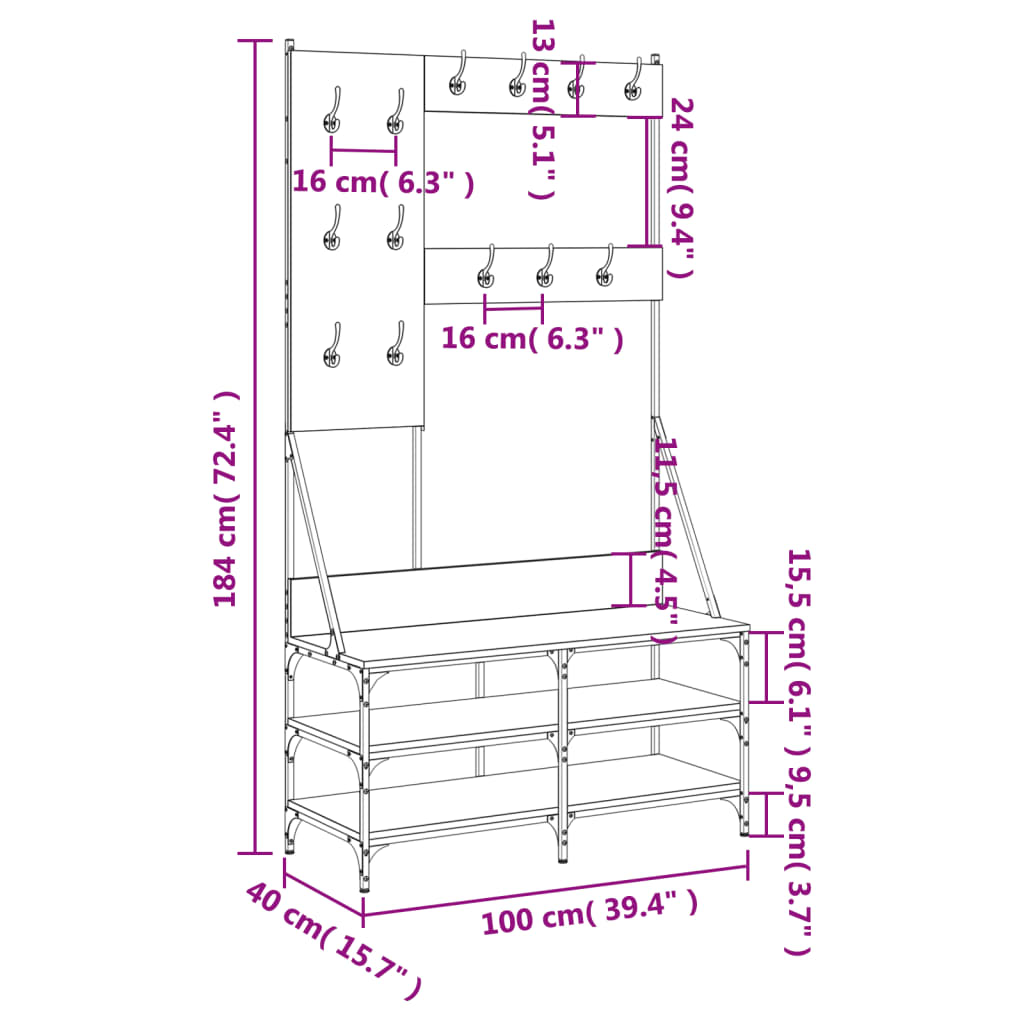 Clothes rack with shoe rack smoked oak 100x40x184 cm