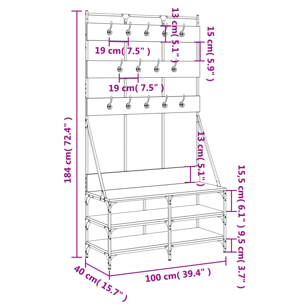 Clothes rack with shoe rack smoked oak 100x40x184 cm