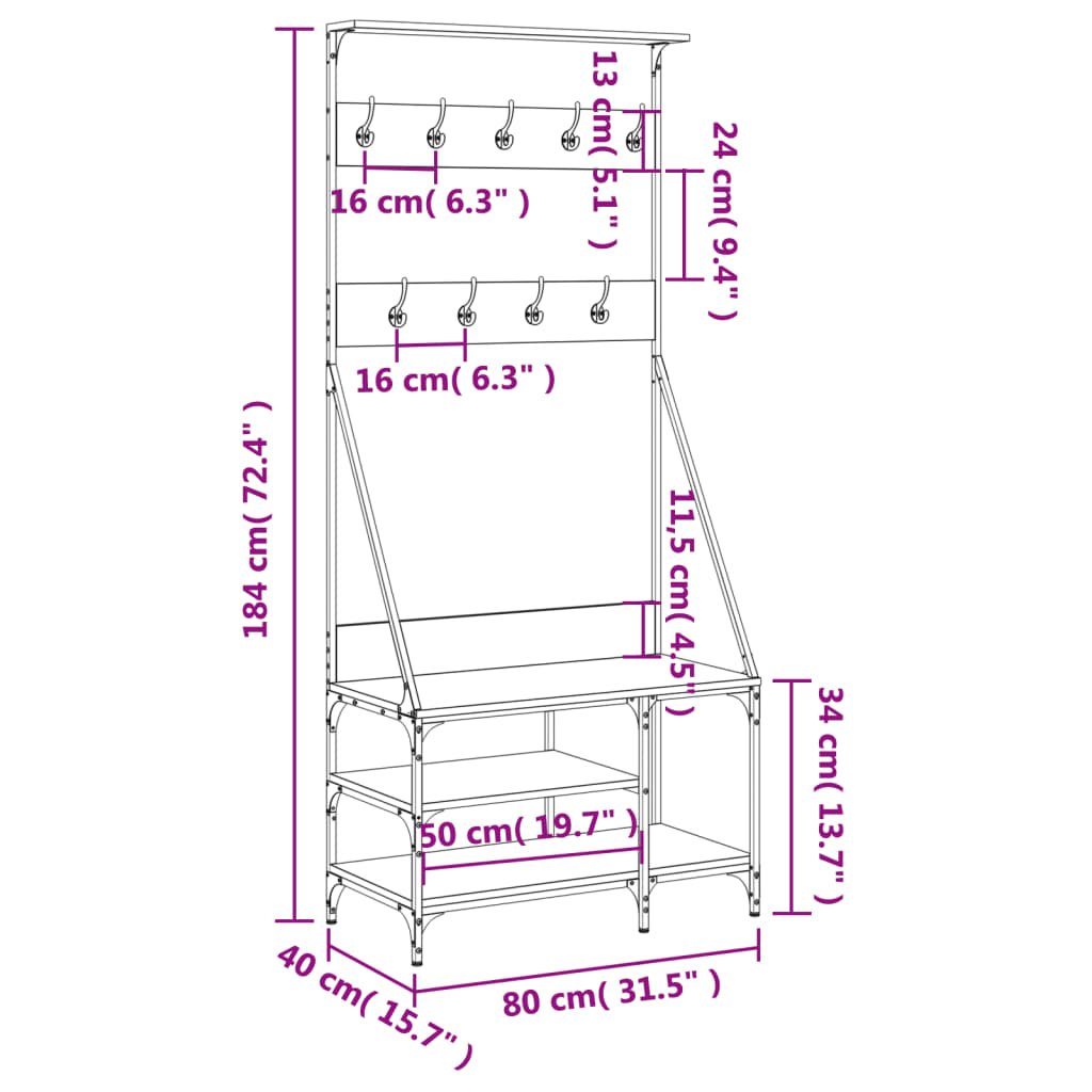 Clothes rack with shoe rack smoked oak 80x40x184 cm