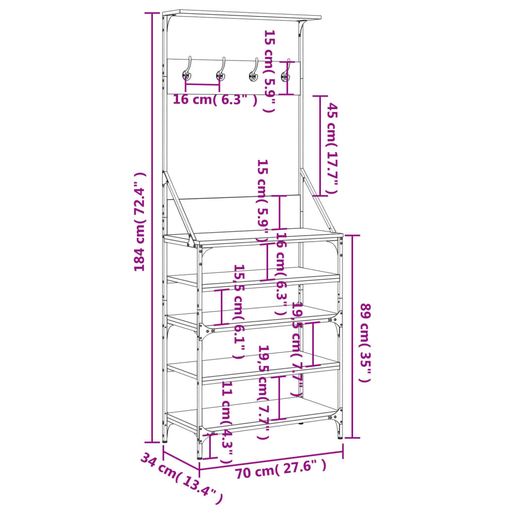 Clothes rack with shoe rack smoked oak 70x34x184 cm