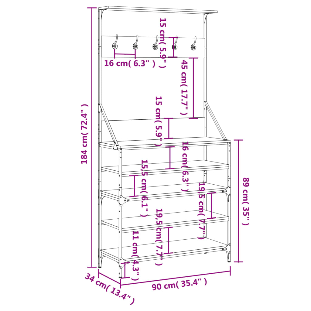 Clothes rack with shoe rack smoked oak 90x34x184 cm