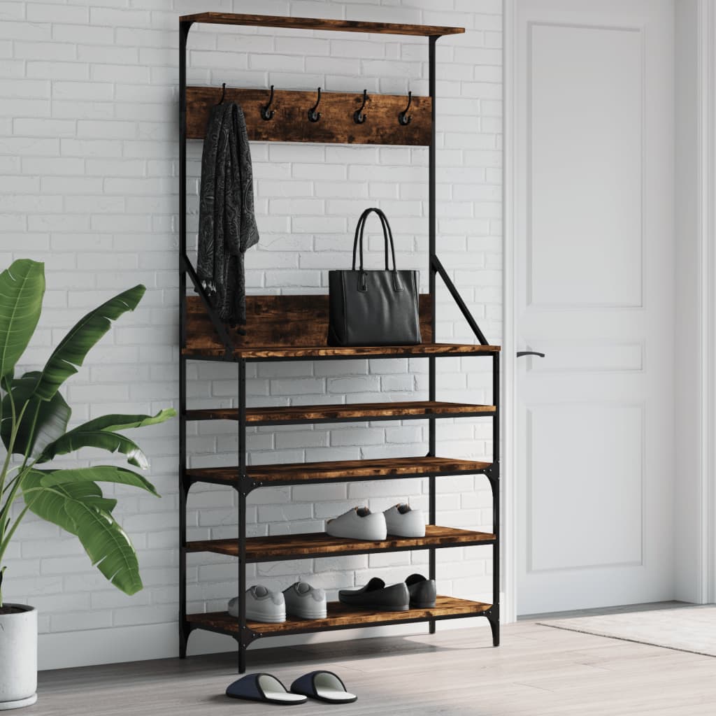 Clothes rack with shoe rack smoked oak 90x34x184 cm