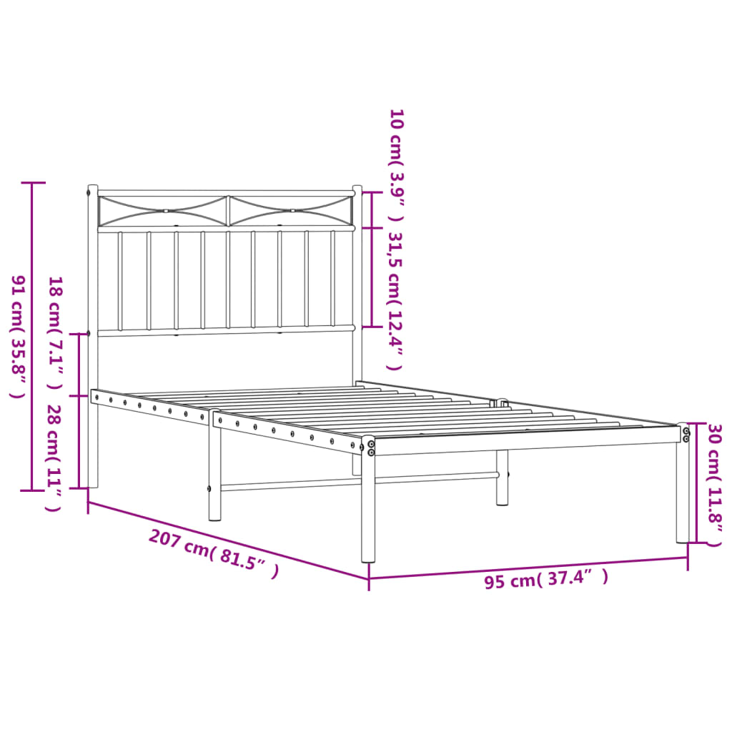 Bed frame with headboard metal black 90x200 cm