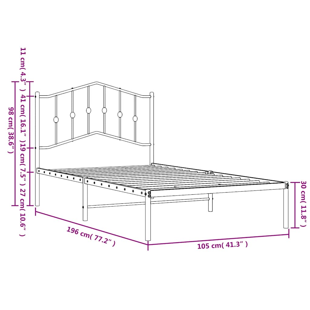 Bed frame with headboard metal white 100x190 cm
