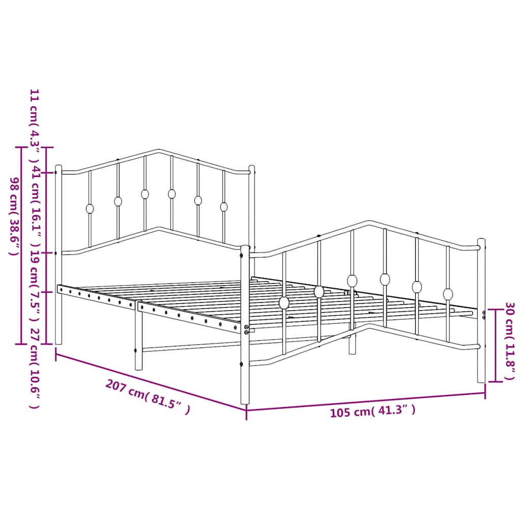 Bed frame with head and footboard metal white 100x200 cm