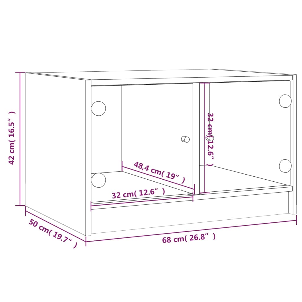 Table basse avec portes vitrées chêne fumé 68x50x42 cm