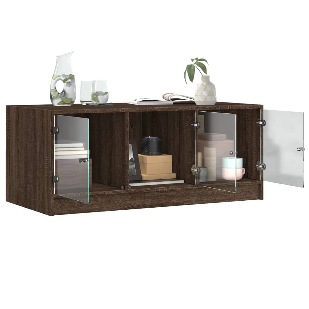 Table basse avec portes vitrées aspect chêne marron 102x50x42 cm