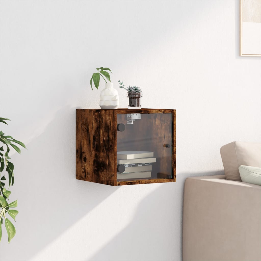 Bedside table with glass door smoked oak 35x37x35 cm