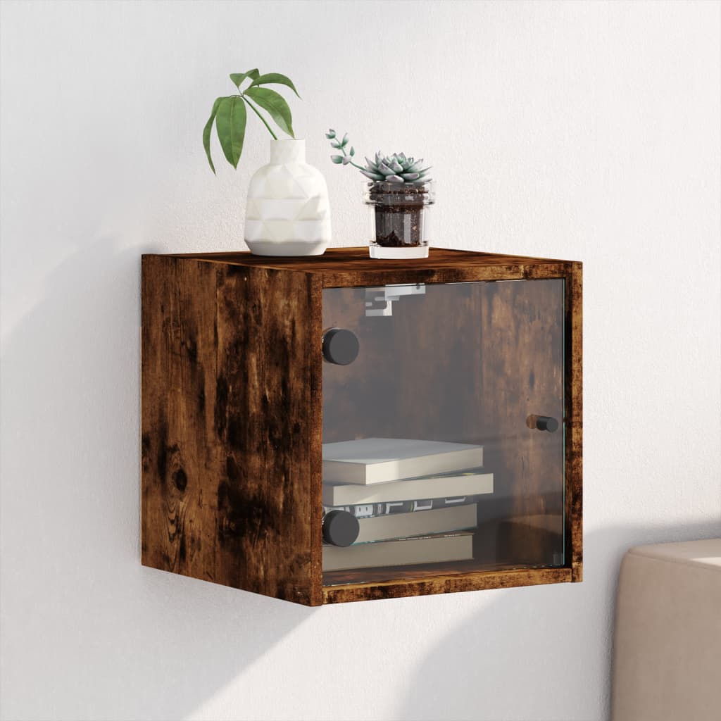 Bedside table with glass door smoked oak 35x37x35 cm
