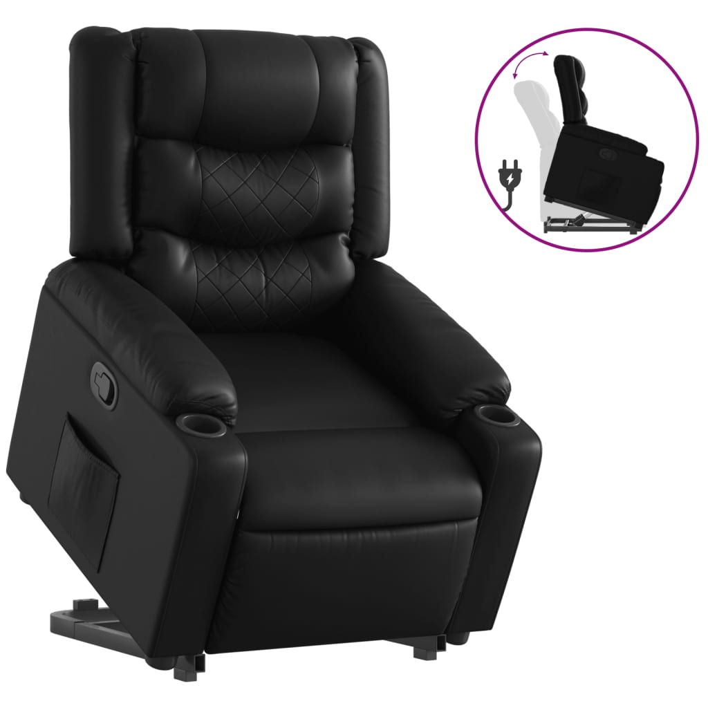 Recliner chair with stand-up aid, black faux leather