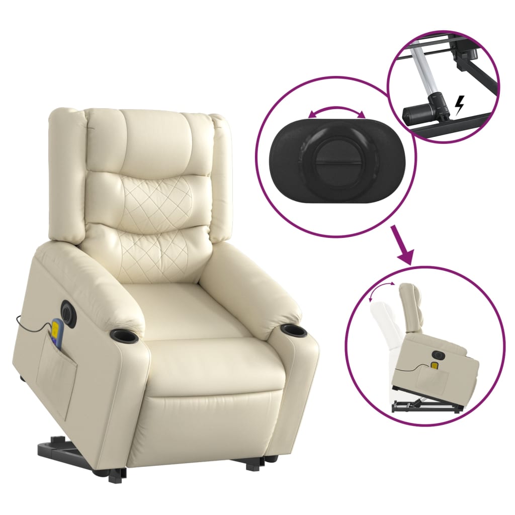 Massage chair with electric stand-up aid, cream, artificial leather