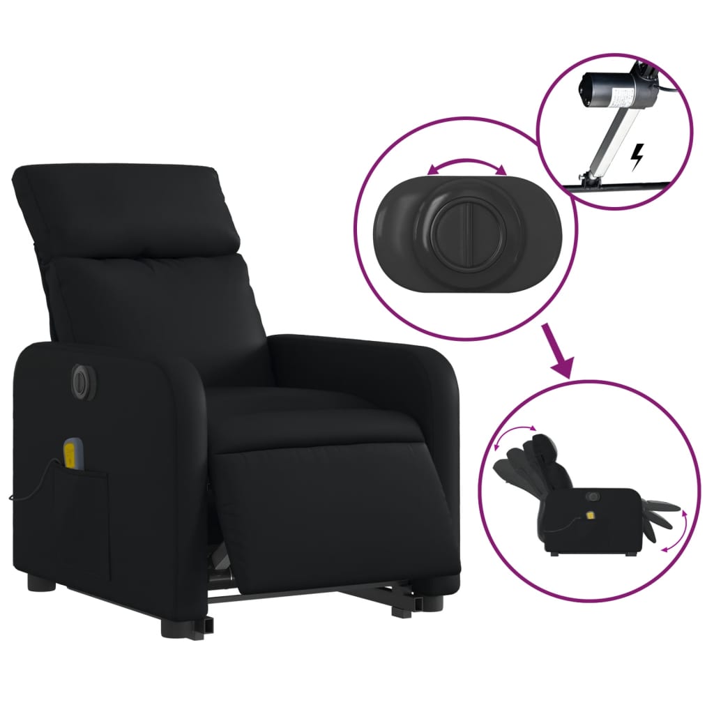 Fauteuil de massage avec aide électrique au verticalisation, noir, cuir artificiel