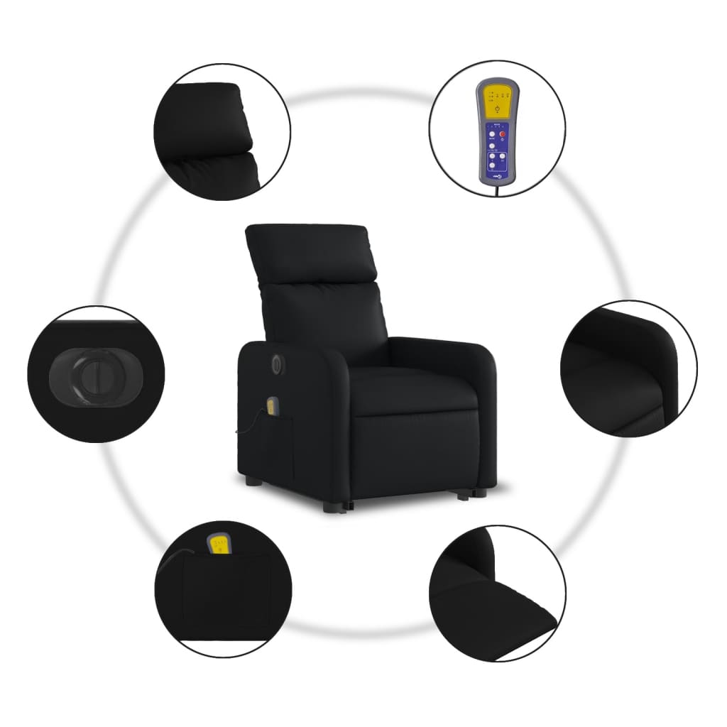 Fauteuil de massage avec aide électrique au verticalisation, noir, cuir artificiel
