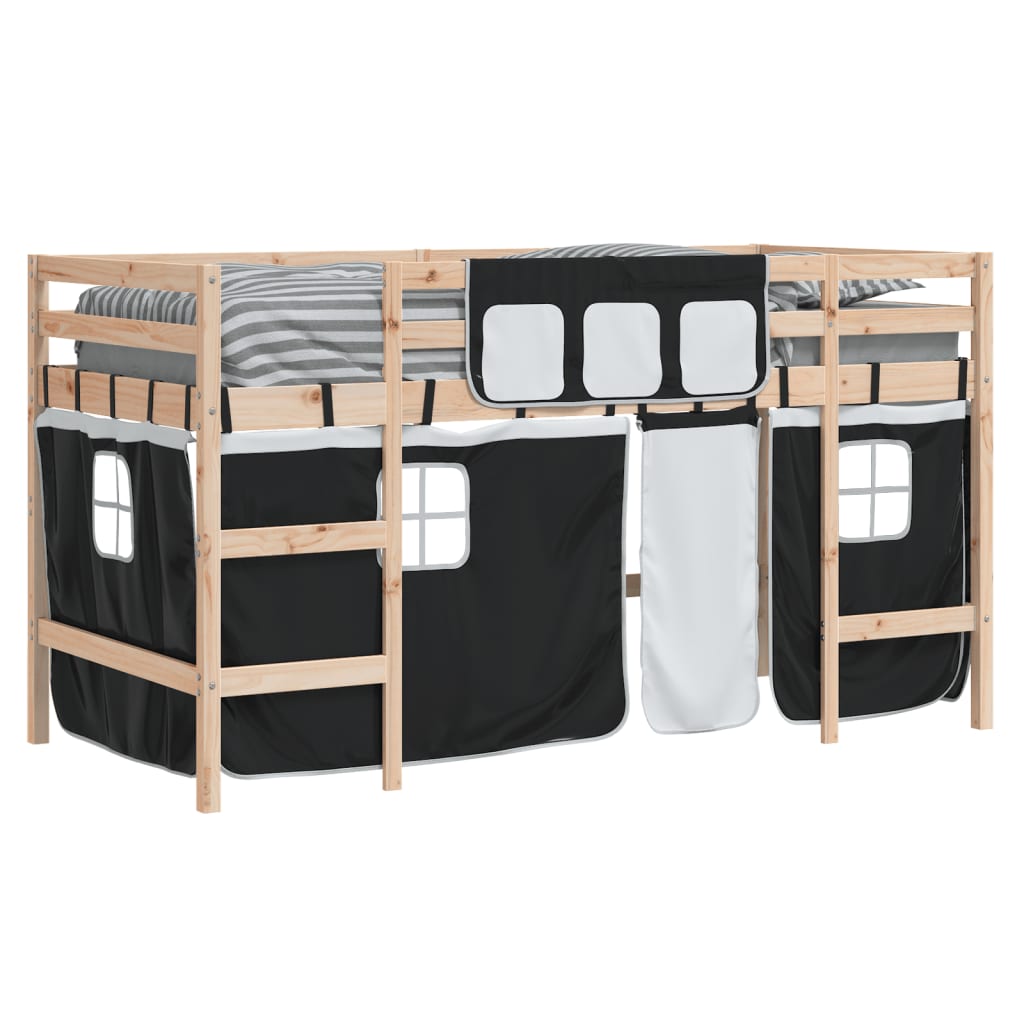 Kinderhochbett mit Vorhängen Weiß und Schwarz Massivholz Kiefer