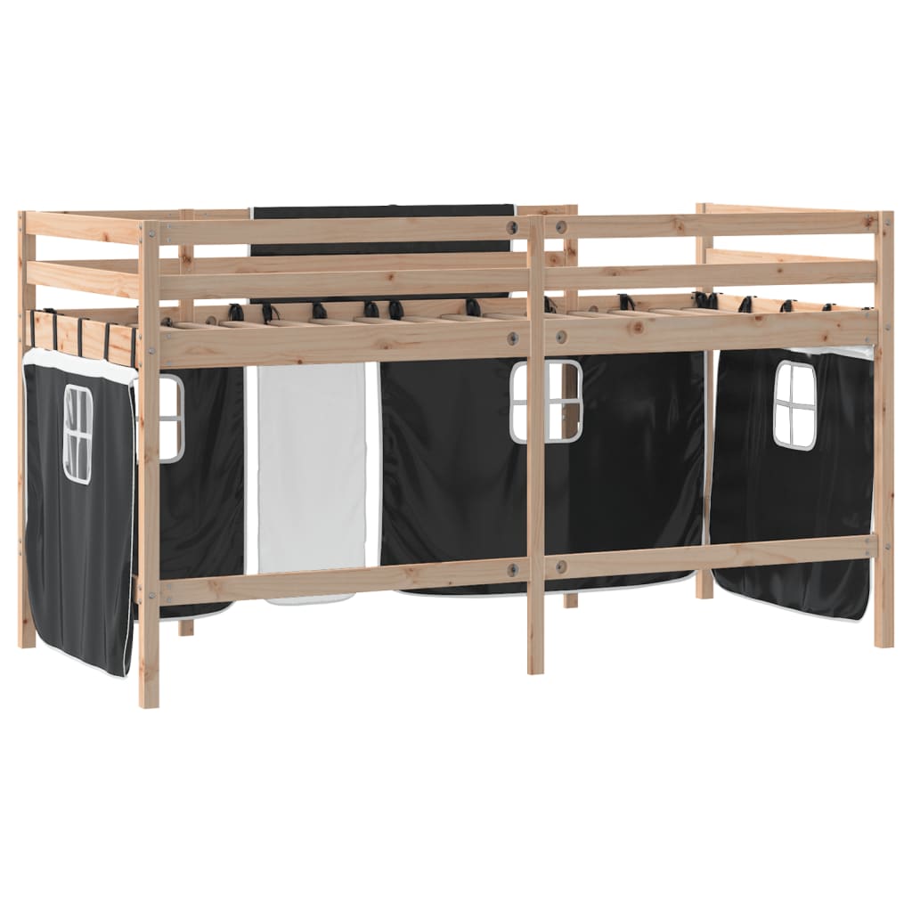 Kinderhochbett mit Vorhängen Weiß und Schwarz Massivholz Kiefer