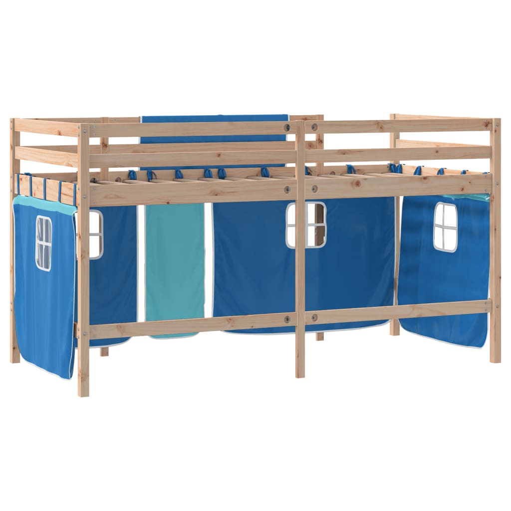 Kinderhochbett mit Vorhängen Blau 90x200 cm Massivholz Kiefer