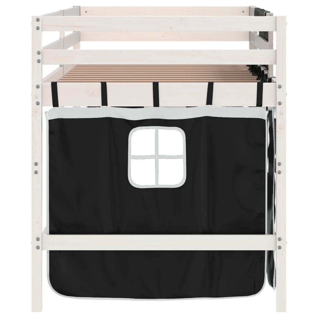 Kinderhochbett mit Vorhängen Weiß Schwarz 90x190 cm Kiefernholz