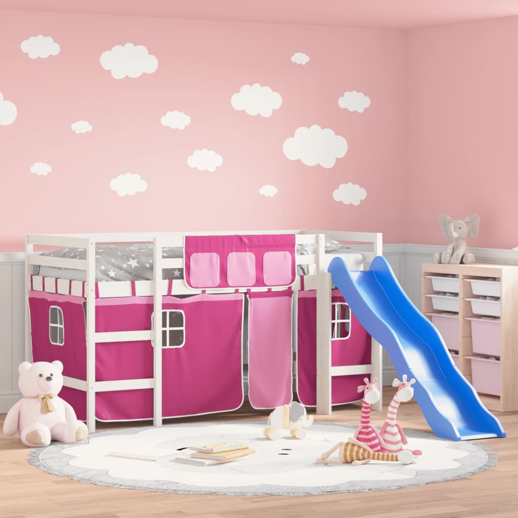 Children's loft bed with curtains pink 90x200 cm solid pine wood