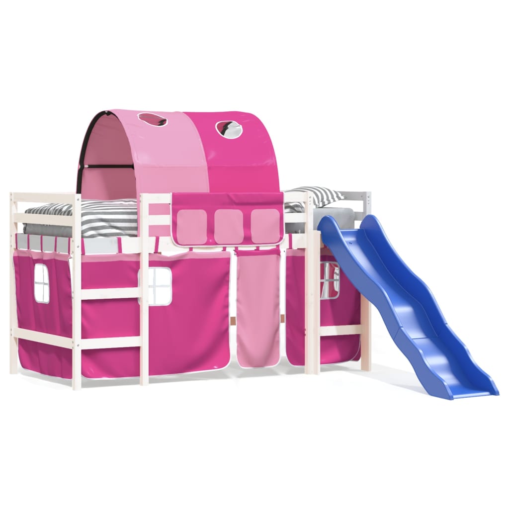 Lit mezzanine enfant avec tunnel rose 90x200 cm en pin massif