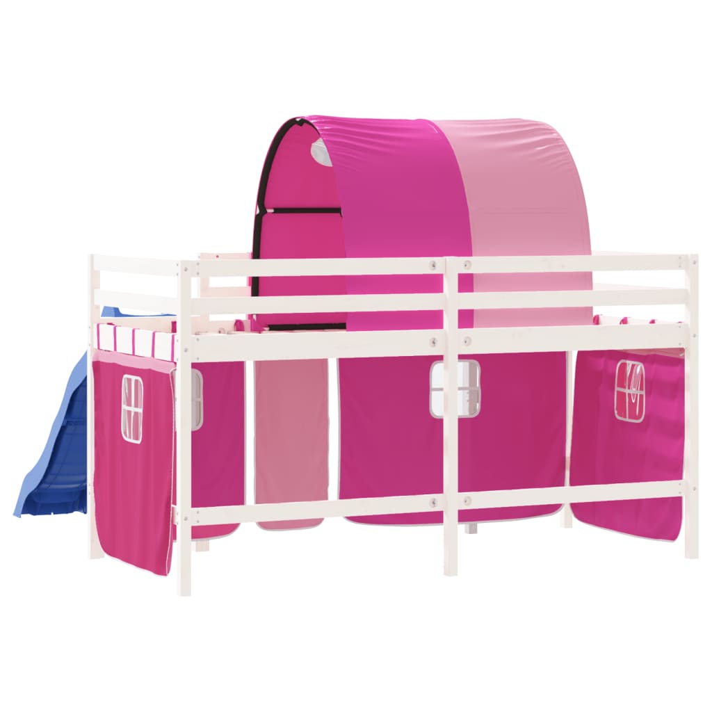 Lit mezzanine enfant avec tunnel rose 90x200 cm en pin massif
