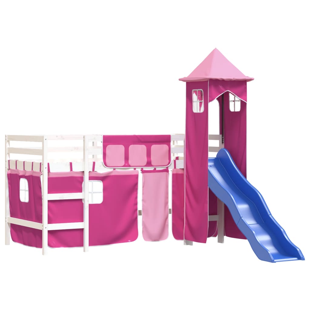 Children's loft bed with tower pink 90x200 cm solid pine wood