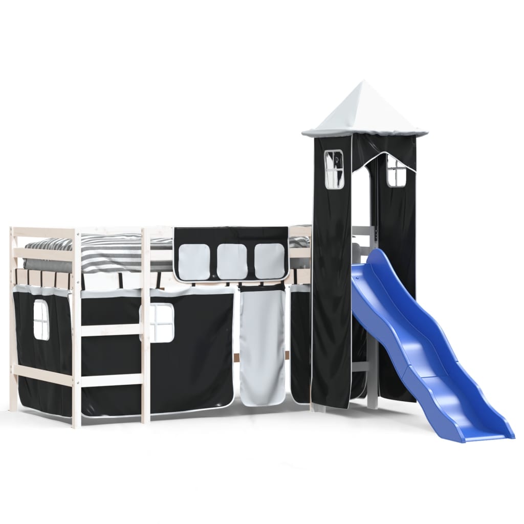 Children's loft bed with tower white & black 90x190 cm pinewood