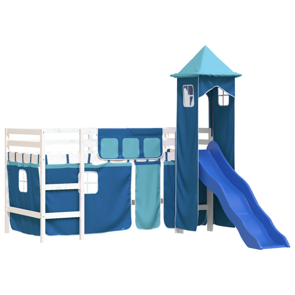 Children's loft bed with tower blue 90x190 cm solid pine wood