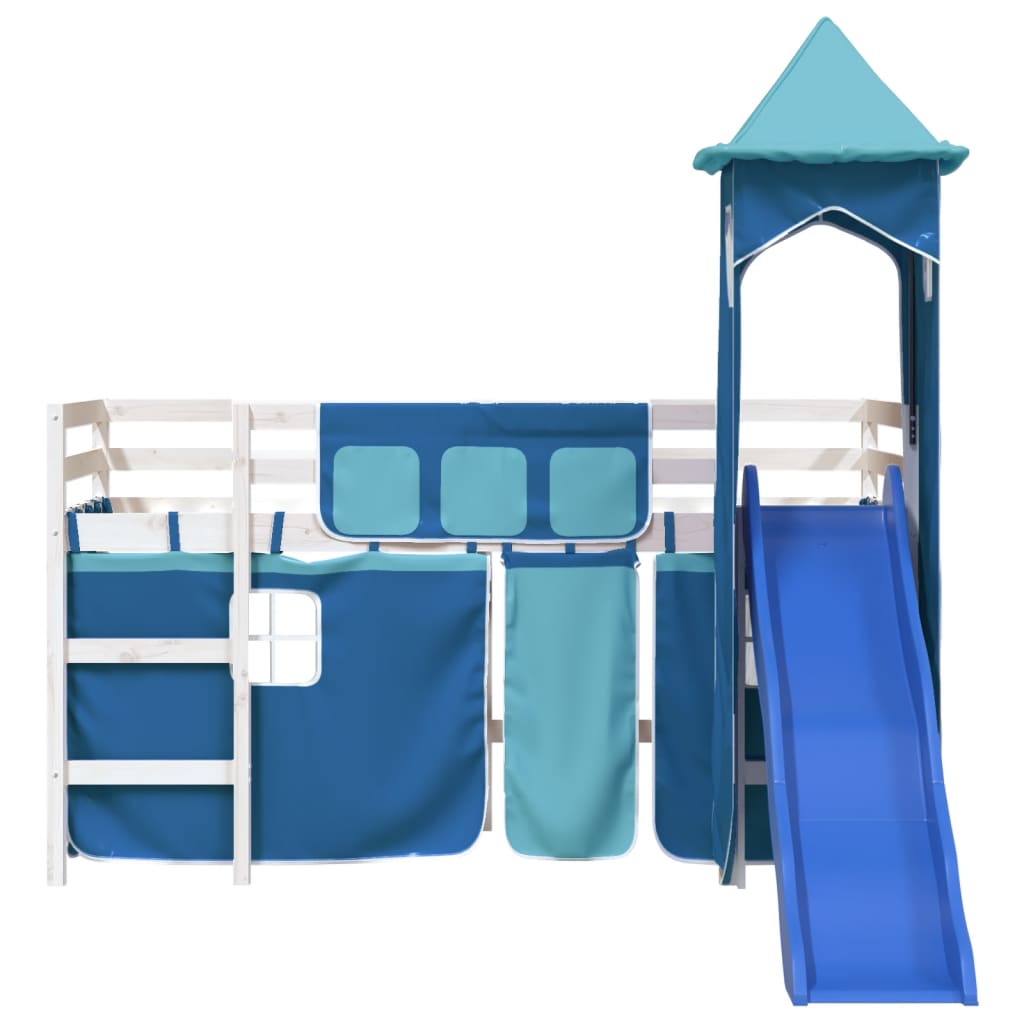 Children's loft bed with tower blue 90x190 cm solid pine wood