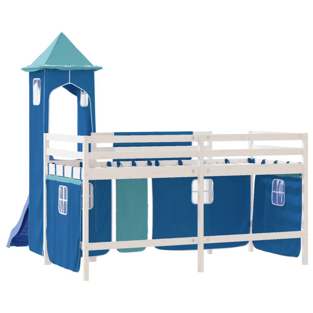 Children's loft bed with tower blue 90x190 cm solid pine wood
