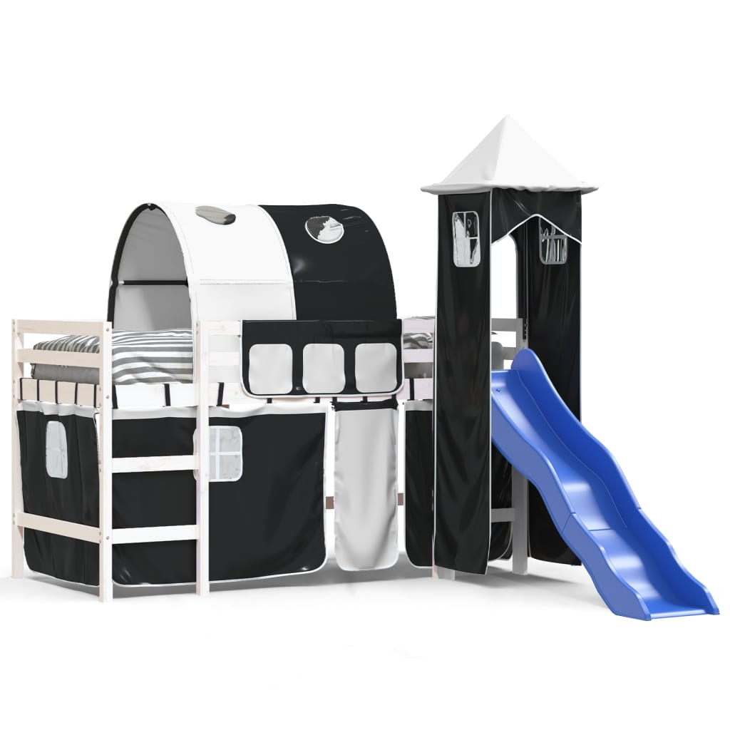 Children's loft bed with tower white & black 90x200 cm pinewood