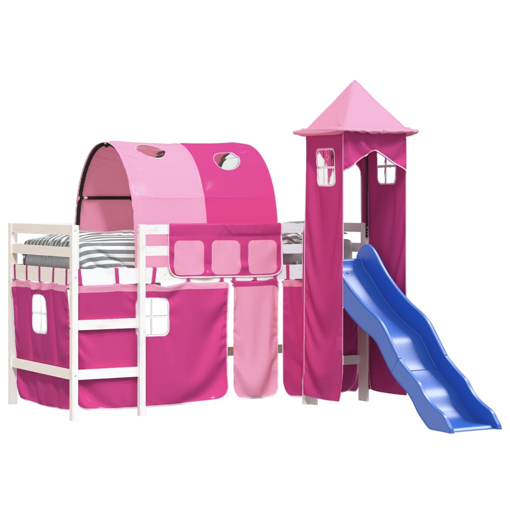 Children's loft bed with tower pink 90x200 cm solid pine wood