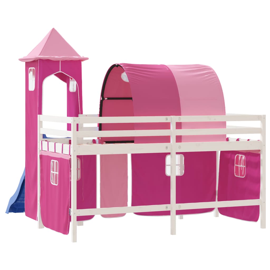 Children's loft bed with tower pink 90x200 cm solid pine wood
