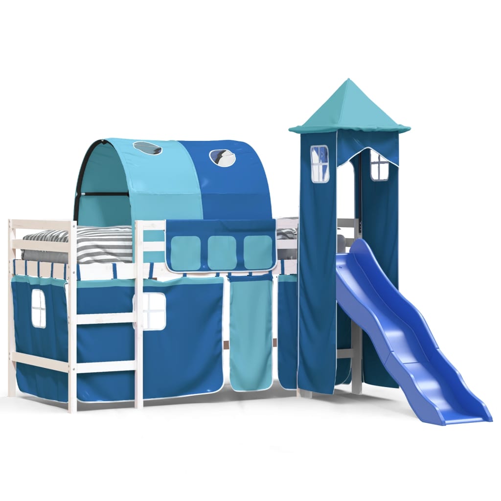 Children's loft bed with tower blue 90x190 cm solid pine wood