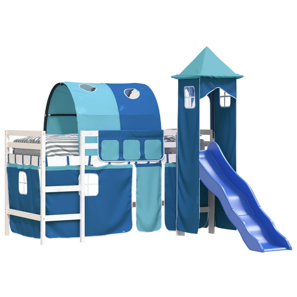 Children's loft bed with tower blue 90x190 cm solid pine wood