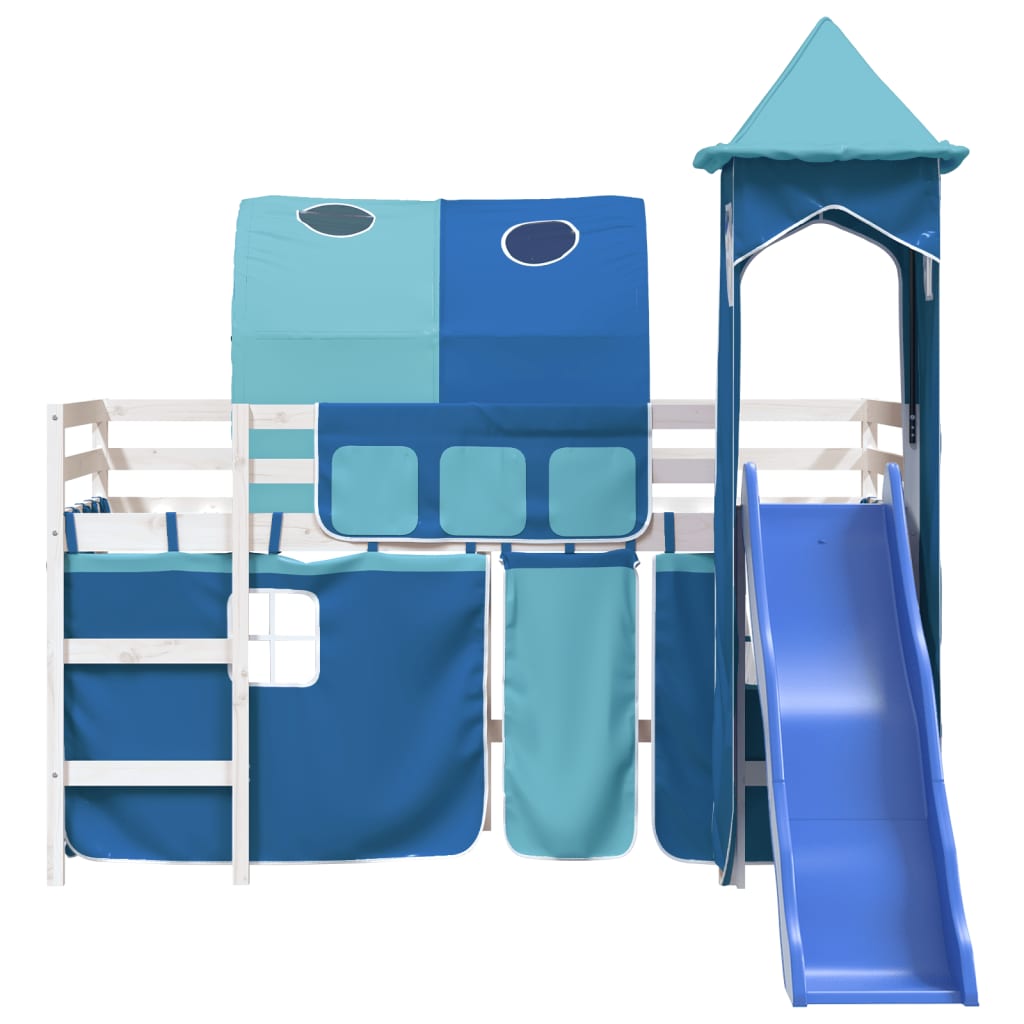 Children's loft bed with tower blue 90x190 cm solid pine wood
