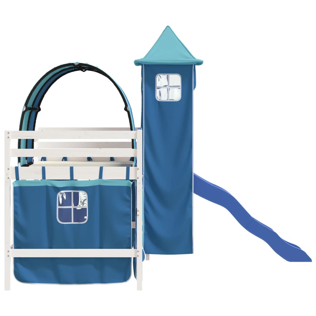 Children's loft bed with tower blue 90x190 cm solid pine wood