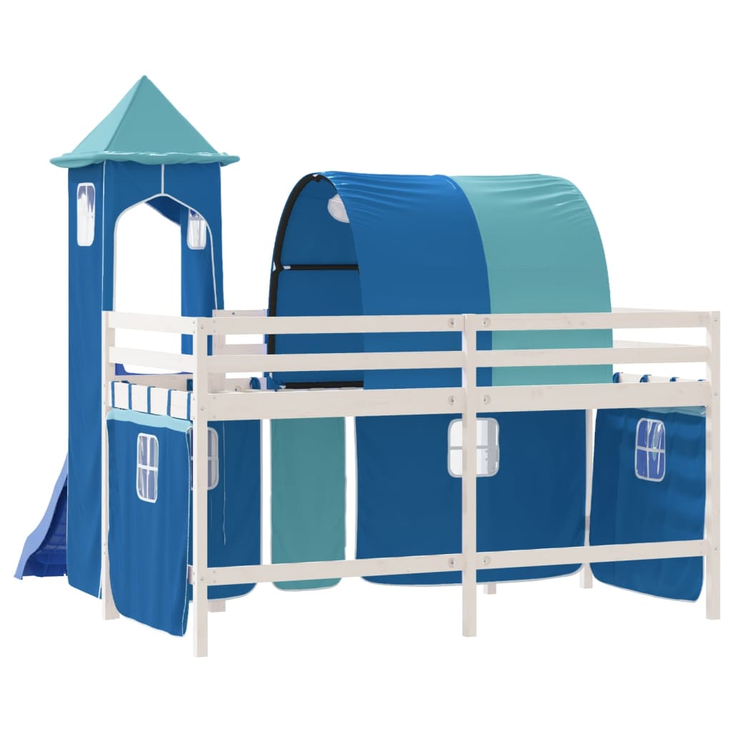 Children's loft bed with tower blue 90x190 cm solid pine wood