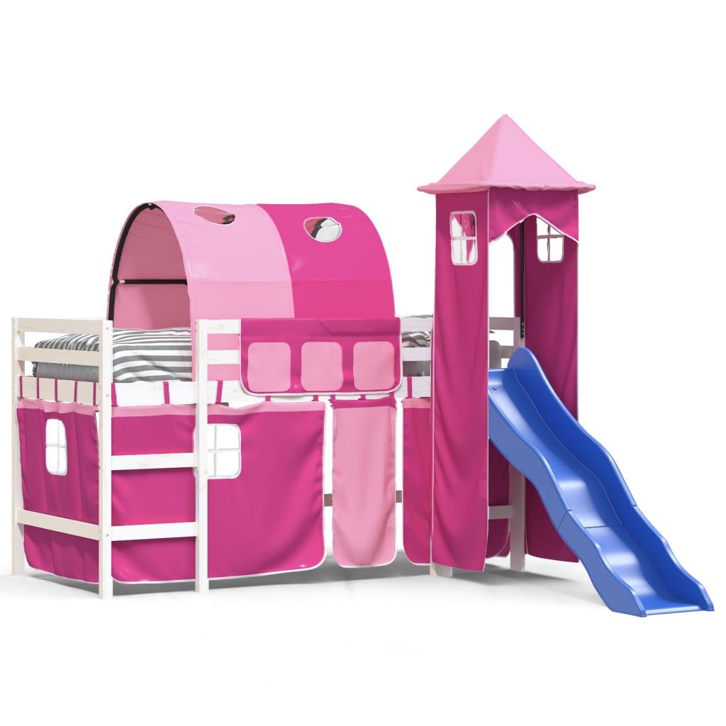 Children's loft bed with tower pink 90x190 cm solid pine wood
