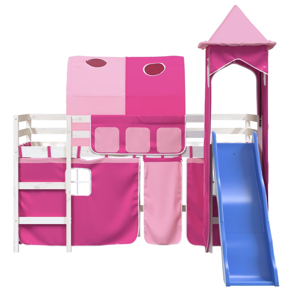 Children's loft bed with tower pink 90x190 cm solid pine wood
