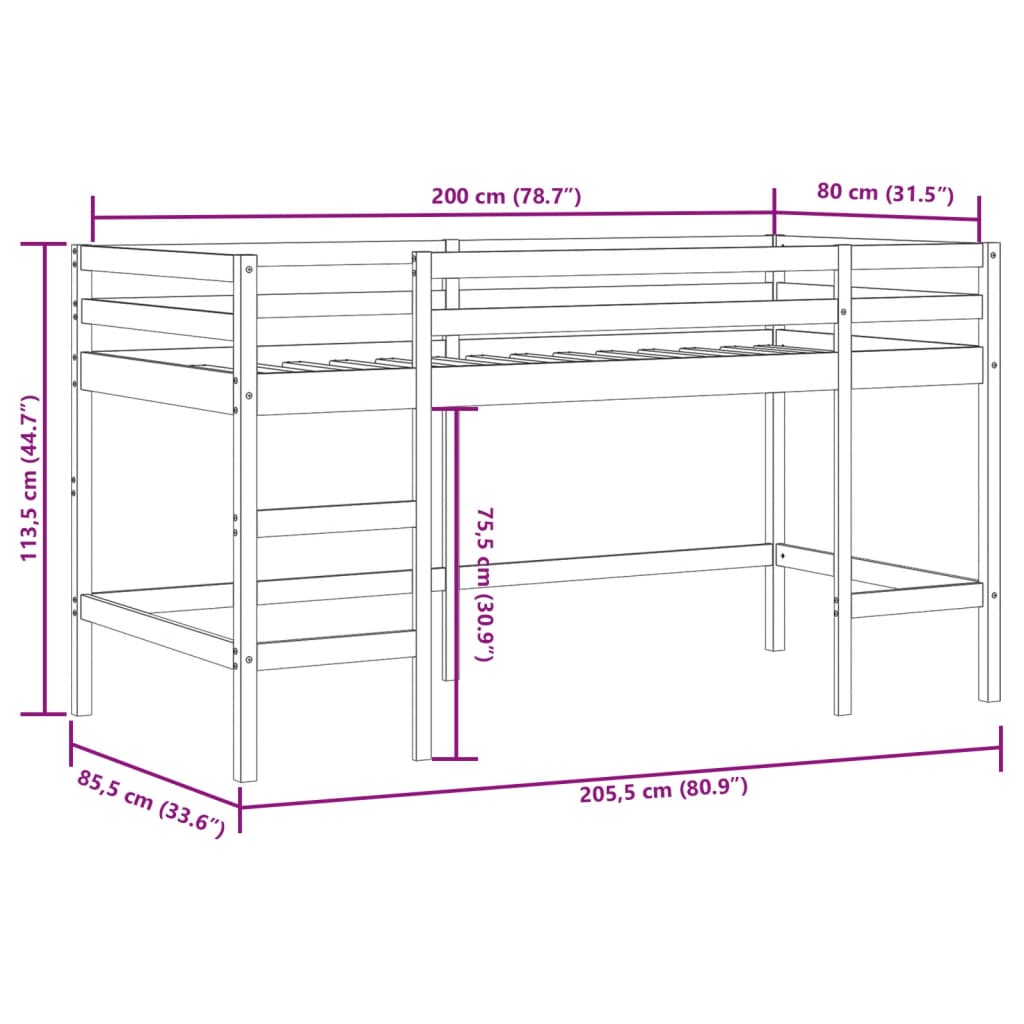 Children's loft bed with ladder 80x200 cm solid pine wood