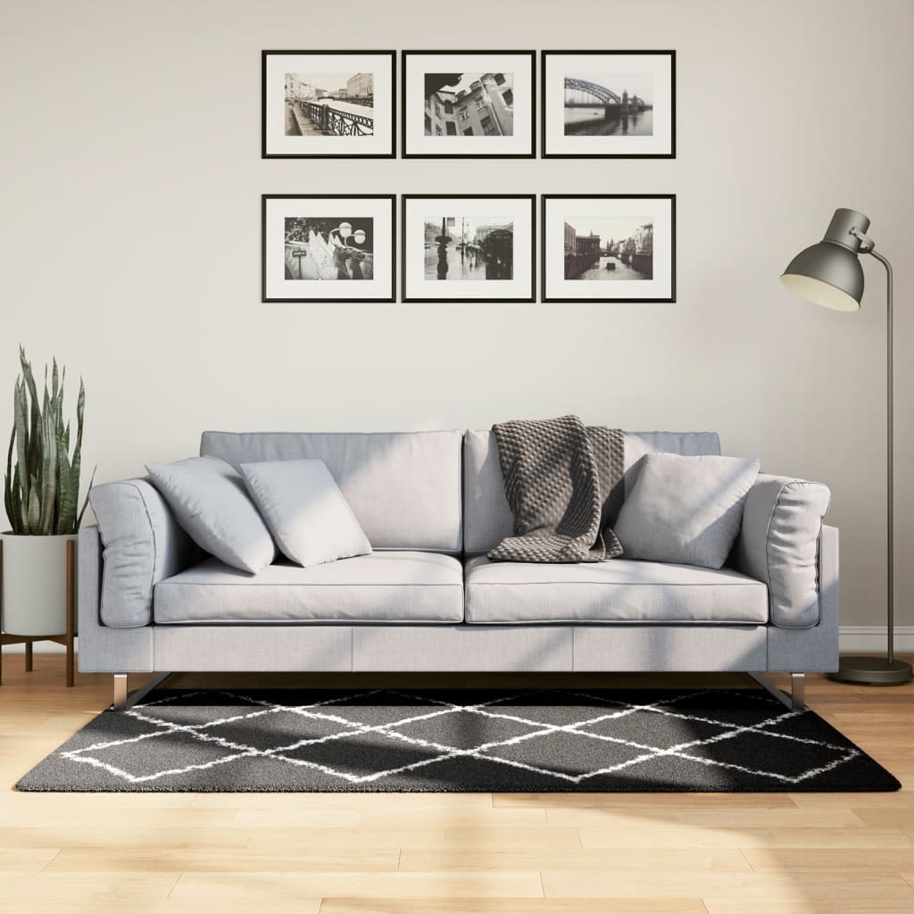 Tapis Shaggy Poils Longs Moderne Noir et Crème 80x150 cm